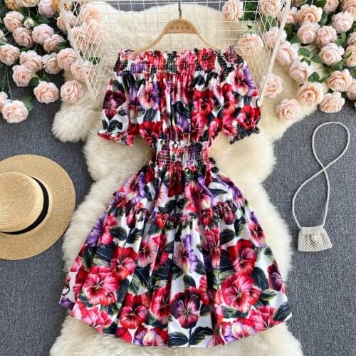 Fanhua Series Sexy One-neck Off-the-shoulder Puff Sleeve Stretch Slim Short Holiday Style Printed Dress Women