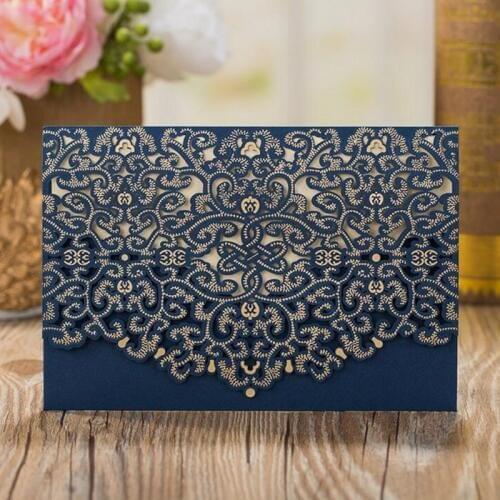1pcs Blue Red Luxury Flora Laser Cut Wedding Invitation Card Baby Shower Print Wedding Envelopes Event Party Wedding Decoration