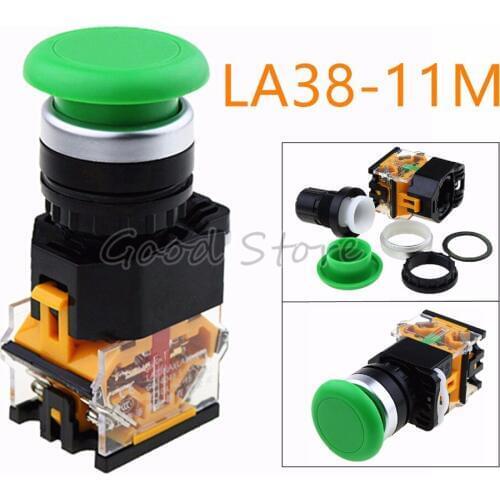 1PCS High quality LA38 11M 203 LA38-11M/203 Green Mushroom head automatic reset push button switch
