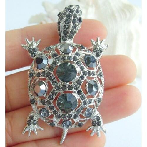 2.36" Cute Turtle Tortoise Animal Brooch Pin Pendant Gray Rhinestone Crystal EE03631C8
