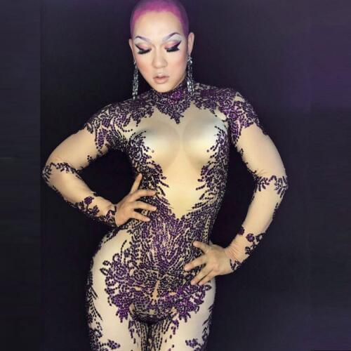 Sparkly Purple Stones Jumpsuit Women Sexy Outfit Party Prom Costumes Stage Dance Nightclub Singer Rhinestone Rompers