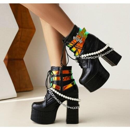 Ladies Motorcycle Boots Four Seasons Platform Super High Heel Short Boots Metal Chain Color Matching Belt Buckle Womens Shoes