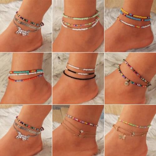 Charm Boho Multilayer Candy Beads Anklets Star Butterfly Heart Pendant Handmade Foot Chain Bracelet Barefoot Beach Women Jewelry