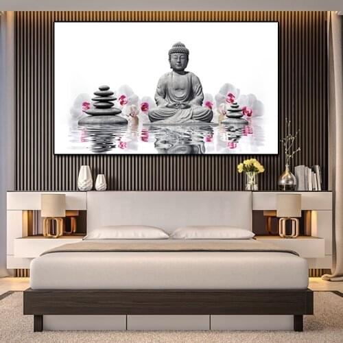 Buddha Canvas Painting Abstract Art White Marble Buddhist Lotus Meditate Poster Prints Modern Art Wall Pictures for Living Room