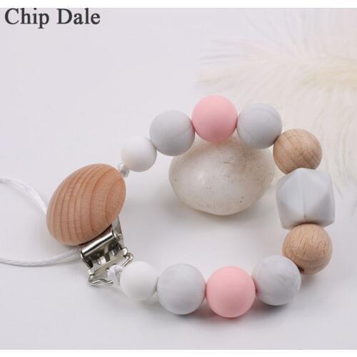 Chip Dale Handmade Silicone Pacifier Chains Beech Wood Beads Baby Teething Chain Baby Teether Pacifier Clips Holder Chain Gift
