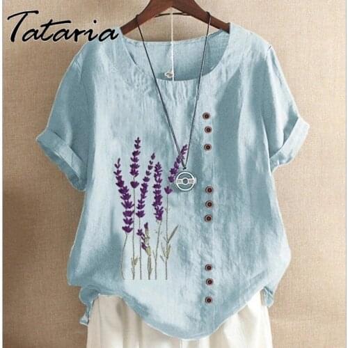 Summer Fashion Cotton Linen Printed T Shirt Tops for Women Loose Short Sleeve Lavender Printed Vintage Blue T Shirts Top Blouse