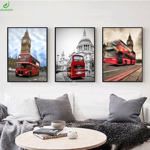 JHLJIAJUN Eiffer Tower Canvas Painting Red Nordic Double-Decker Bus Posters For Living Room Bedroom Home HD Decor Painting