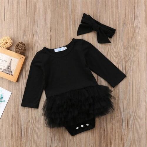 2019 Newborn Baby Girl Black Long Sleeve Cotton Romper Jumpsuit Autumn Clothes Headband Outfit Sets