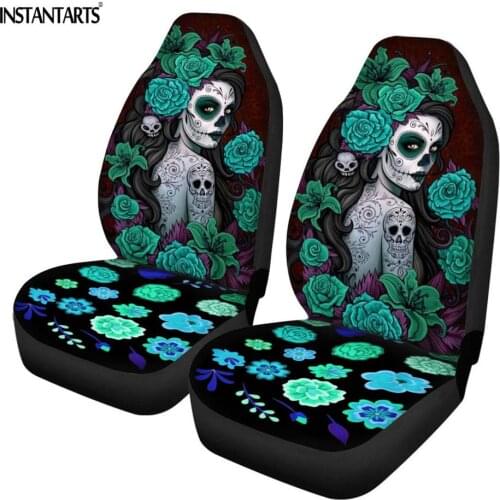 INSTANTARTS Day of the Dead Sugar Skull Printed Set of 2 Car Seat Covers Slip-Resistant Vehicle Seat Protector Non Fade Covers