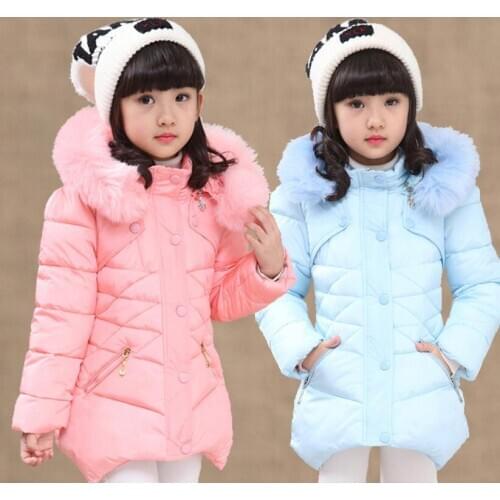 Baby girls winter thickening warm jacket cotton padded Bushy fur collar long style coat teenage windbreaker kids windbreaker top
