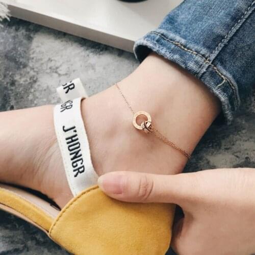YUN RUO Fashion Rose Gold Color Anklet Double Circle Chain Roman Numerals Letter Woman Gift Stainless Steel Jewelry Not Fade