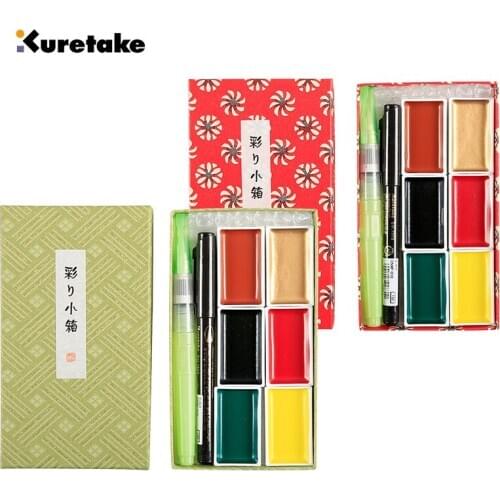 Kuretake IRODORI KOBAKO solid Watercolor Water-based Pigment 6 Colors Set Red/Green box