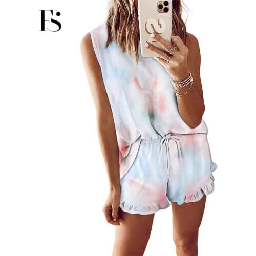 Two Pieces Round Neck Women Pajamas Sets Fashion Tie-dye Sleeveless Cotton Sleepwear Ladies Casual Vest+short Pant Night Sets