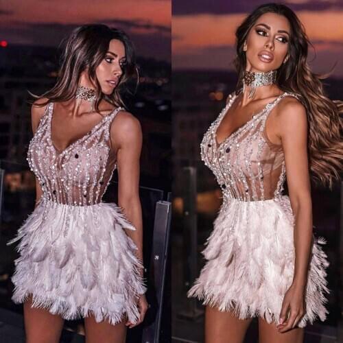 Amazing Transparent Short Cocktail Dresses V Neck Sequined Luxury Feathers Lady Party Dress Beads Sexy Special Occasion Gowns