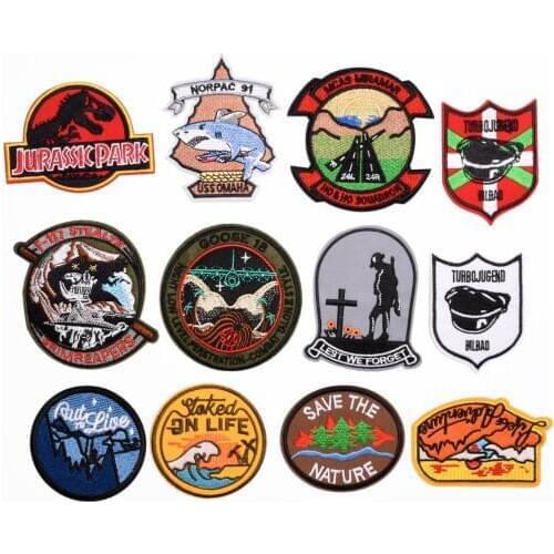 Shark dinosaur round patch for Clothing Iron on Embroidered Sewing Applique Cute Sew On Fabric Badge DIY Apparel Accessories