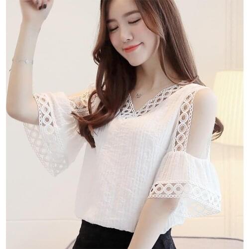 Off Shoulder Women Spring Summer Style Chiffon Blouses Shirts Lady Casual Short Flare Sleeve V-Neck Chiffon Blusas Tops ZZ0820