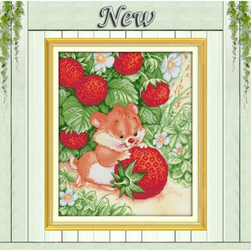 Elephant rat picking strawberries,counted print on canvas DMC 11CT 14CT Cross Stitch kit,needlework Set embroider,animal & fruit