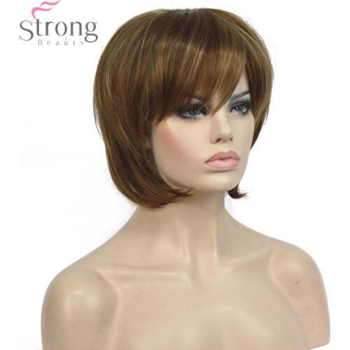 StrongBeauty Women Bob Style Short Straight Wig Brown with Blonde Highlights Synthetic Natural Full Wigs