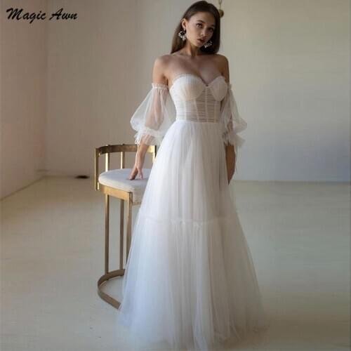 Magic Awn Bohemian Off The Shoulder Wedding Dresses Detachable Sleeves Illusion Beach A-Line Mariage Gowns Simple Robe De Mariee