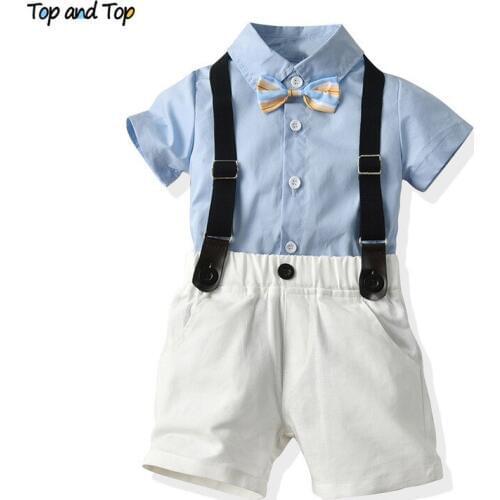 Top and Top Newborn Clothes Summer Baby Boy Set Gentleman Short Sleeve Striped Bowtie Shirt+Overalls 2Pcs Outfit Infant Clothing
