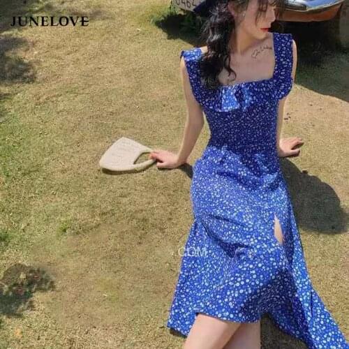 JuneLove Floral French Dress Elegant Women Summer Strapless Vintage Split Purple Dress Print Retro Sweet Boho Dress Vestidos