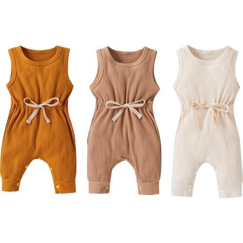 0-18M Infant Baby Boy Girl Romper Casual Clothes Solid Color Sleeveless Crew Neck Soft Cotton Drawstring Waist Jumpsuit 2021 New