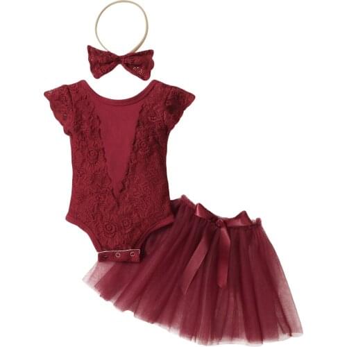 0-24M Baby Girls 2Pcs Summer Outfits Cute Fly Sleeve Lace Romper + Tulle Skirt + Headband Set