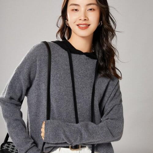 2021 woman winter 100% Cashmere sweaters knitted Pullovers jumper Warm Female Hooded blouse blue long sleeve clothing