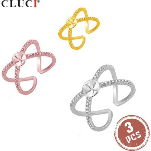 CLUCI 3pcs 925 Sterling Silver Twisted X Shaped Women Party Ring Pearl Ring Mounting Silver 925 Adjustable X Rings SR2099SB