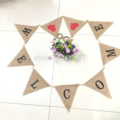 9pcs/Set 3m Jute Hessian Burlap Wedding Banner Welcome Flag Banner Home Decor Bunting Baby Shower Party Bar Garland Decoration