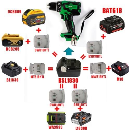 Adapter MTB18HTL DWB18HTL BSB18HTL use Makita DeWolt Milwaukee Bosch Aeg Ridgid 20V Li-ion Battery on Hitachi 18V Lithium Tool