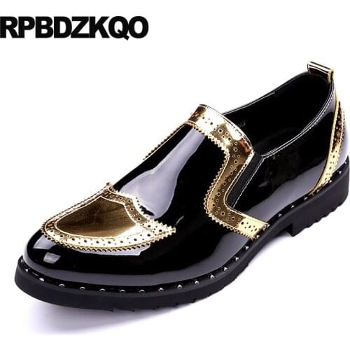 Dress Wedding Business Office Brogue Height Increasing Party Stud Work Patent Leather Gold Custom Handmade Shoes New Pointy Toe
