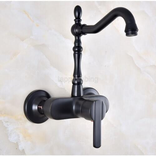 Black Oil Rubbed Bronze Wall Mounted Bathroom Basin Faucet / 360 Swivel Spout Kitchen Sink Mixer Taps tnf846