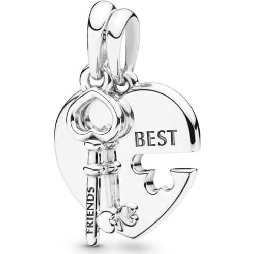 100% 925 Sterling Silver Best Friends Heart & Key Necklace Pendant Charm Beads Fits Pandora Bracelet DIY Jewelry Wihtout Chain