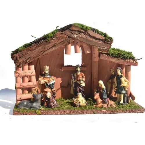 Resin Wooden House Jesus Baby Virgin Joseph Manger Set Decoration Gift Decoration Christmas Manger Group Gifts