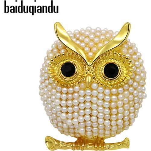 Baiduqiandu Brand Simulated Pearl Paved Cute and Fat Owl Brooch for Women Coat Dress Lapel Pins