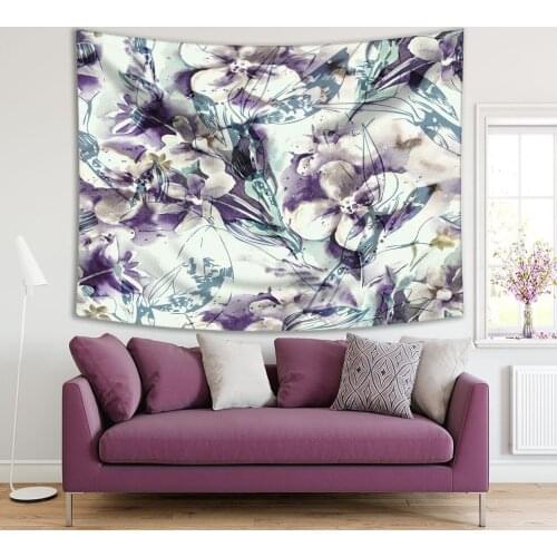 Tapestry Flowers Abstract Floral Pattern on Grunge Background Modern Artwork Purple Blue
