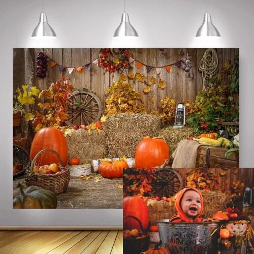 Halloween Pumpkin Backdrops Photography Thanksgiving Autumn Barn Harvest Backgrounds Haystack Rustic Wood Maple Leaves Sunflower