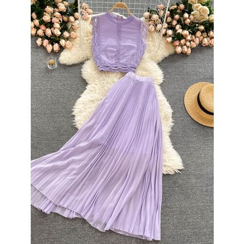 Purple/Yellow/Red Lace Chiffon Two Piece Set Women Vintage Beach Party Sleeveless Short Tops Pleated Long Skirt Female 2pcs Suit