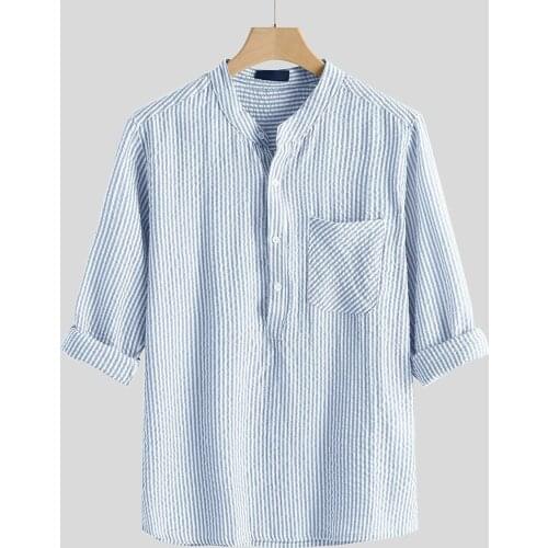 Summer Harajuku Striped Print Shirts Male Kawaii Casual Long Sleeve Camicias Classic Gothic Chest Pocket Cardigan O-neck Kimono