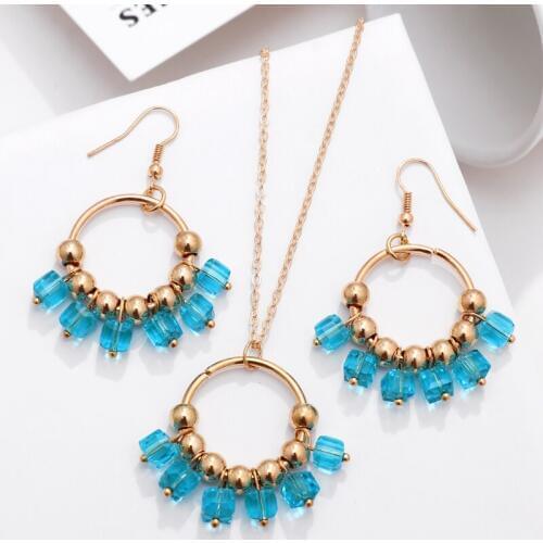Fashion Acrylic Beads Jewelry Sets Bohemian Colorful Ladies Women Jewelry Statement Gold Chain Pendant Necklace Earrings Set