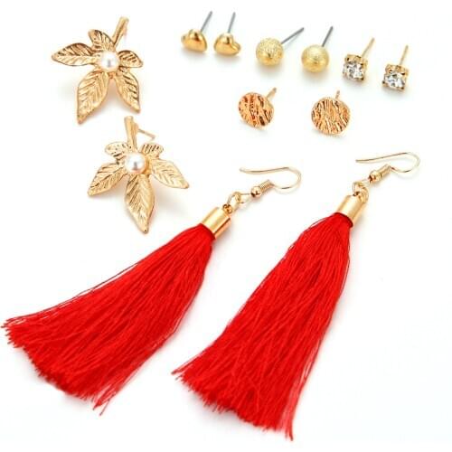 New Hot Selling Ornament with Fashion Love Great Circle Leaves Tassel 6 Earings Set for Female Gifts Wholesale