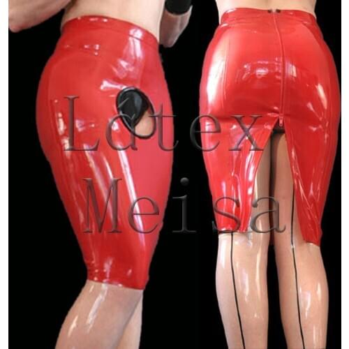 Novelty womens exotic pencil latex skirt with front hole design in solid red color with back zip