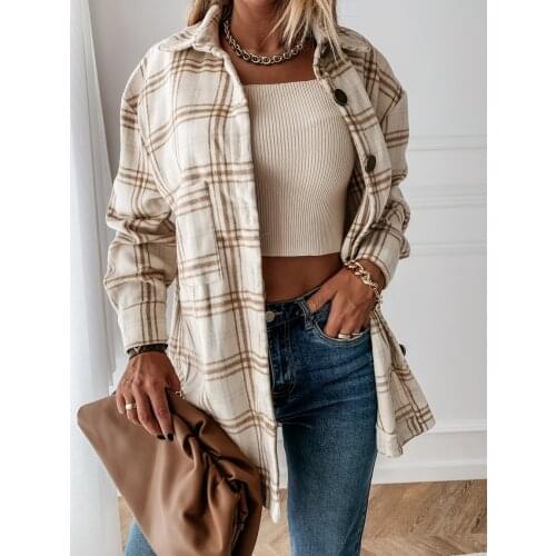 Hot Fashion Plaid Shirt Jacket Female Chic Top Long Sleeves Shirt Coat With Lapels And Button Breasted Shirt