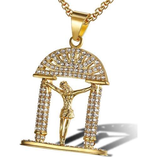 INRI Crucifix Jesus Piece Heaven Gate Pendants & Necklaces Gold Color Stainless Steel Men Bling Ice Out Hip Hop Rapper Jewelry