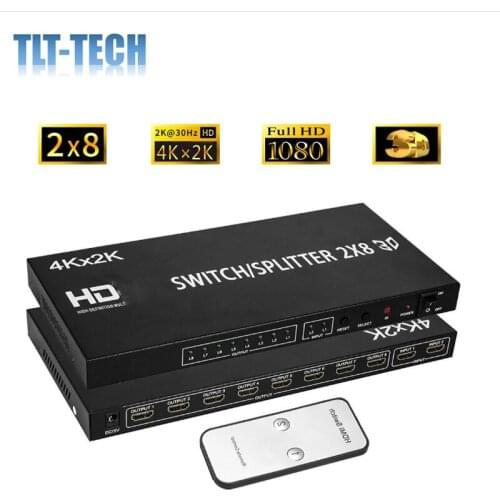 HDMI Splitter Full HD 4K Video HDMI Switcher 2x8 Split 2 in 8 Out Dual Display for DVD PS3 Xbox With Power
