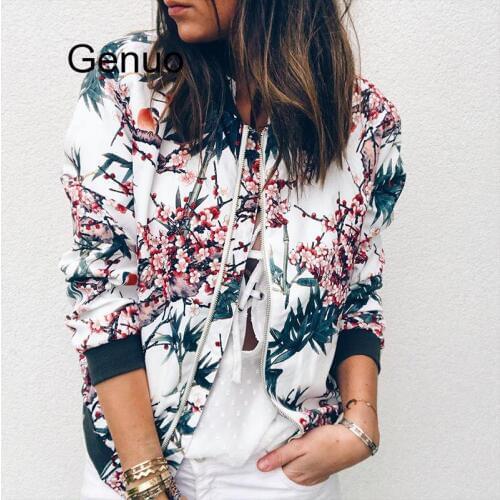 Wuhaobo Fashion Retro Floral Print Women Coat Casual Zipper Up Bomber Jacket Ladies Casual Autumn Outwear Coats Women Clothing
