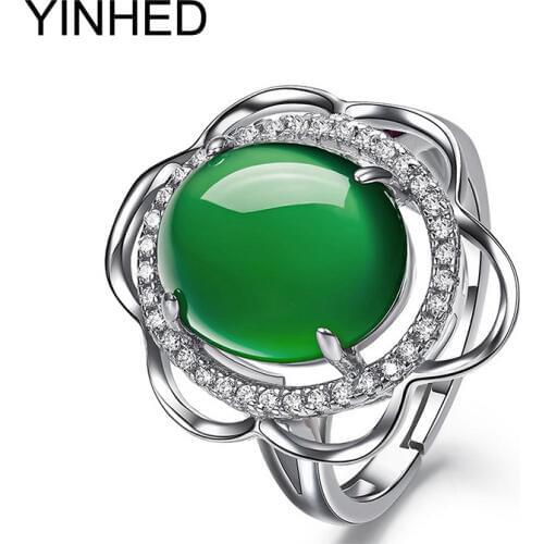 YINHED Luxury Green Crystal Ring 925 Sterling Silver Ring Jewelry Wedding Brans Rings for Women ZR194
