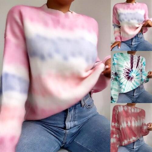 Tie Dye Print Long Sleeve Tshirts Women Fashion Casual O Neck Loose Gradients Female T-Shirts Autumn Winter Street Pullover Tops