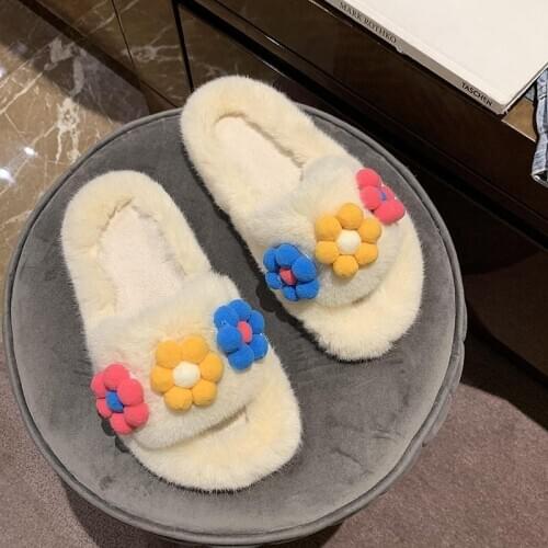 Fashion Flowers High Quality Comfortable Womens Indoor Slippers Winter Warm Flat Furry Slides for Women Home Fur Loafers Casual